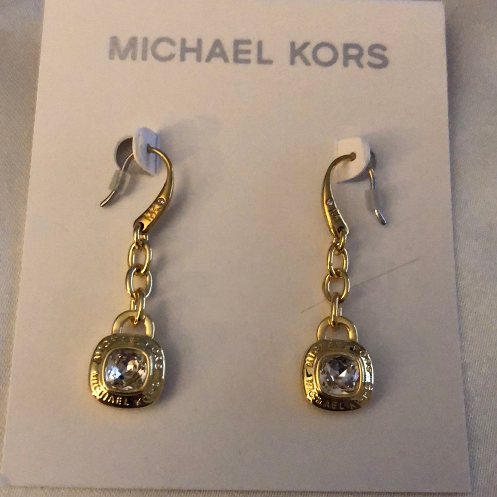 Michael Kors Gold Tone Chain & Square Drop Earrings Crystal & Logo Accent NWT